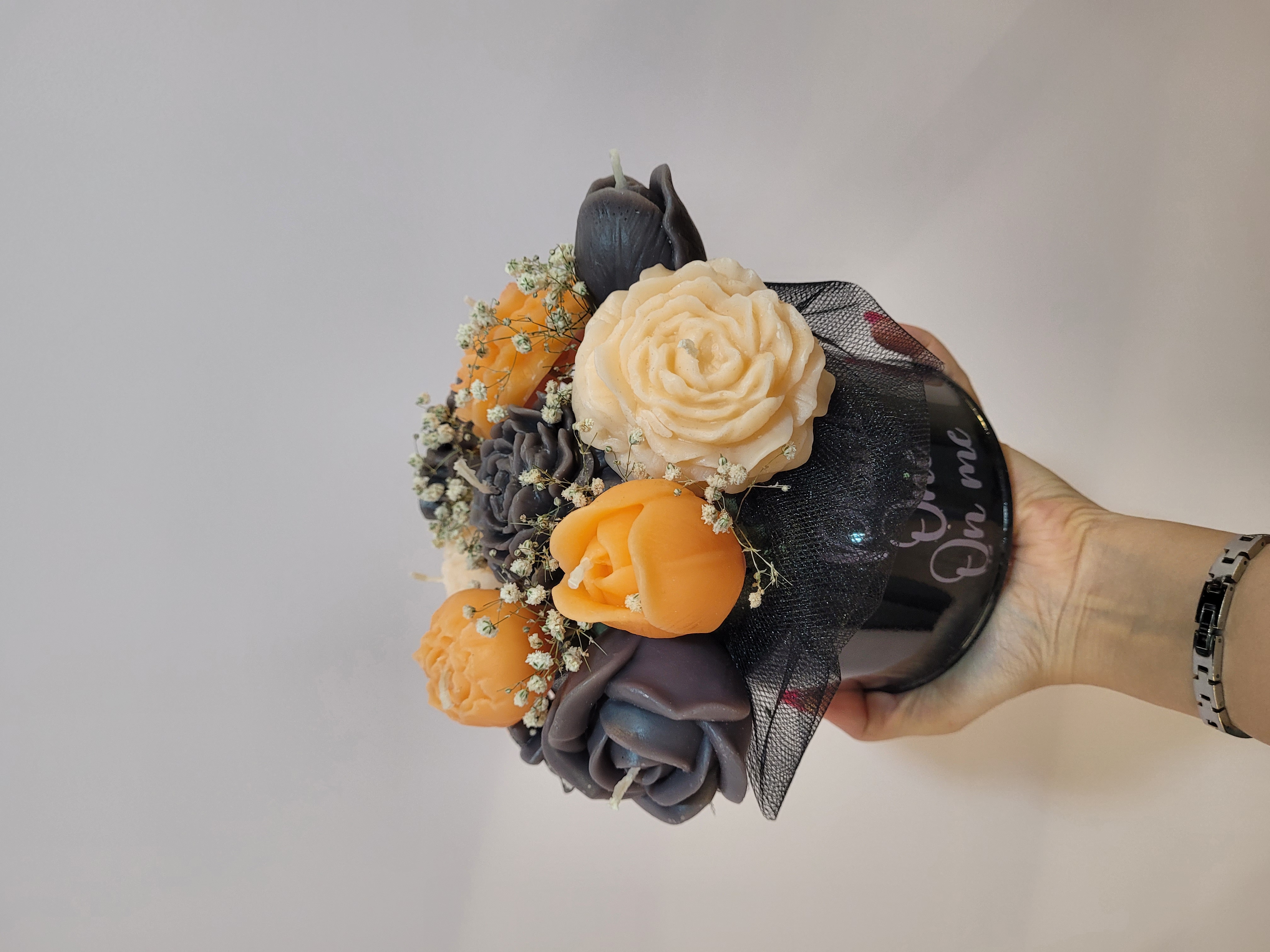 دسته گل شمع نارنجی طوسی شیک